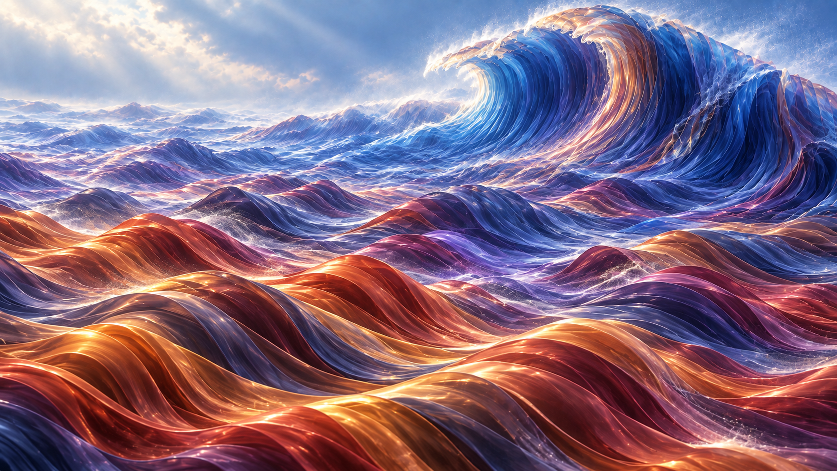 Sculptural waves of burgundy and terracotta ribbons flowing toward a luminous future
